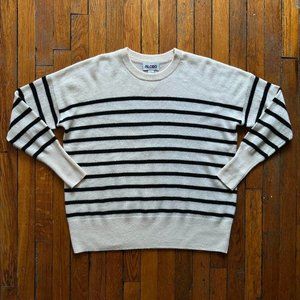 FILORO 2-Ply Cashmere Women Cream Off White Black Stripe Knit Crew Neck Sweater